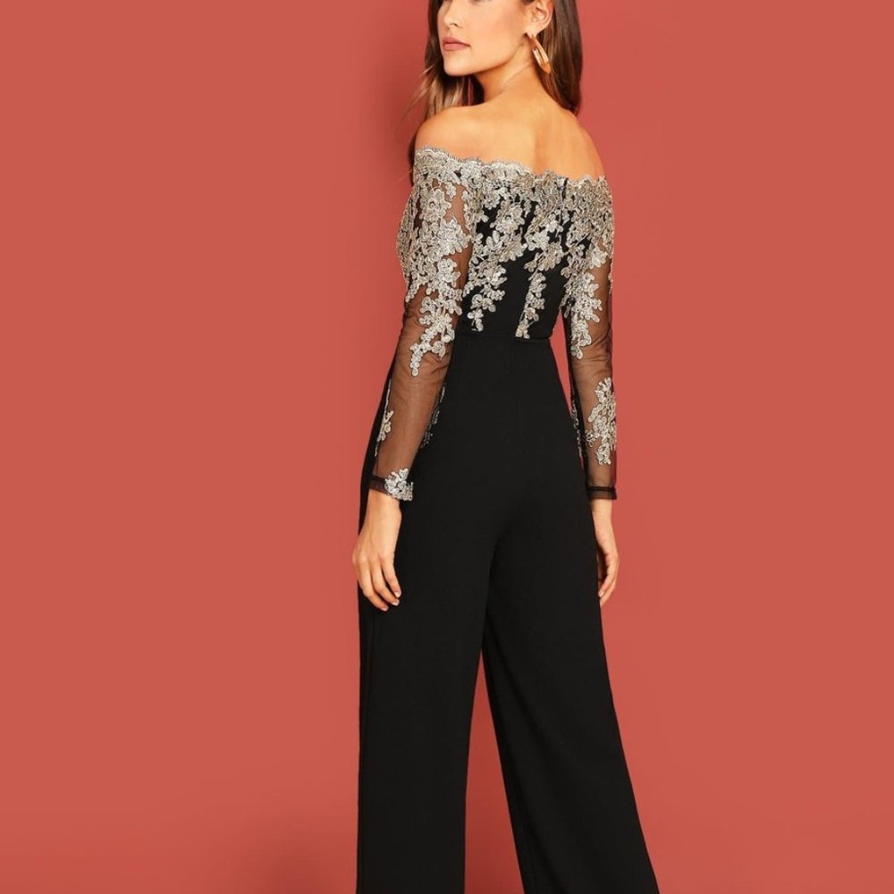 Black Floral  Embroidered Mesh Jumpsuit - Picture 3 of 7